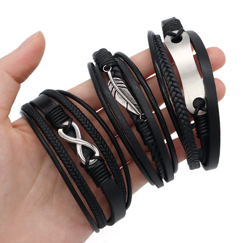 MultiLayer Custom Black No Tarnish Stainless Steel Buckle Leaf Infinite Charm Braided Hand Woven Men Leather Bangle Bracelet