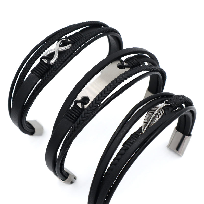 MultiLayer Custom Black No Tarnish Stainless Steel Buckle Leaf Infinite Charm Braided Hand Woven Men Leather Bangle Bracelet