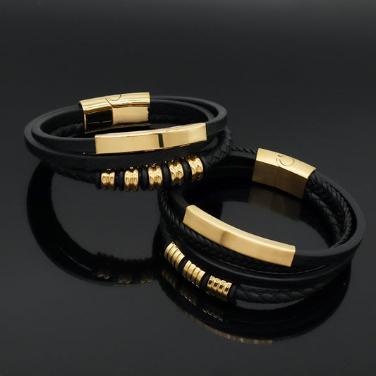 Customized Handmade Woven Leather Bangle MultiLayer Braided Gold Plated Stainless Steel Clasp Black Leather Bracelet For Men