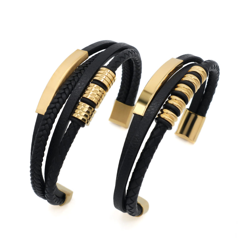 Customized Handmade Woven Leather Bangle MultiLayer Braided Gold Plated Stainless Steel Clasp Black Leather Bracelet For Men