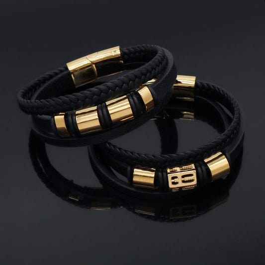 2022 Hot Sale Custom Wholesale MultiLayer Black Handmade Woven Gold Plated Stainless Steel Mens Leather Bracelet For Men