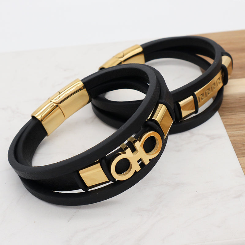 Custom Wholesale Fashion Gold Plated Stainless Steel Buckle Black Braided Cord Handmade Woven Rope Leather Bracelet For Men