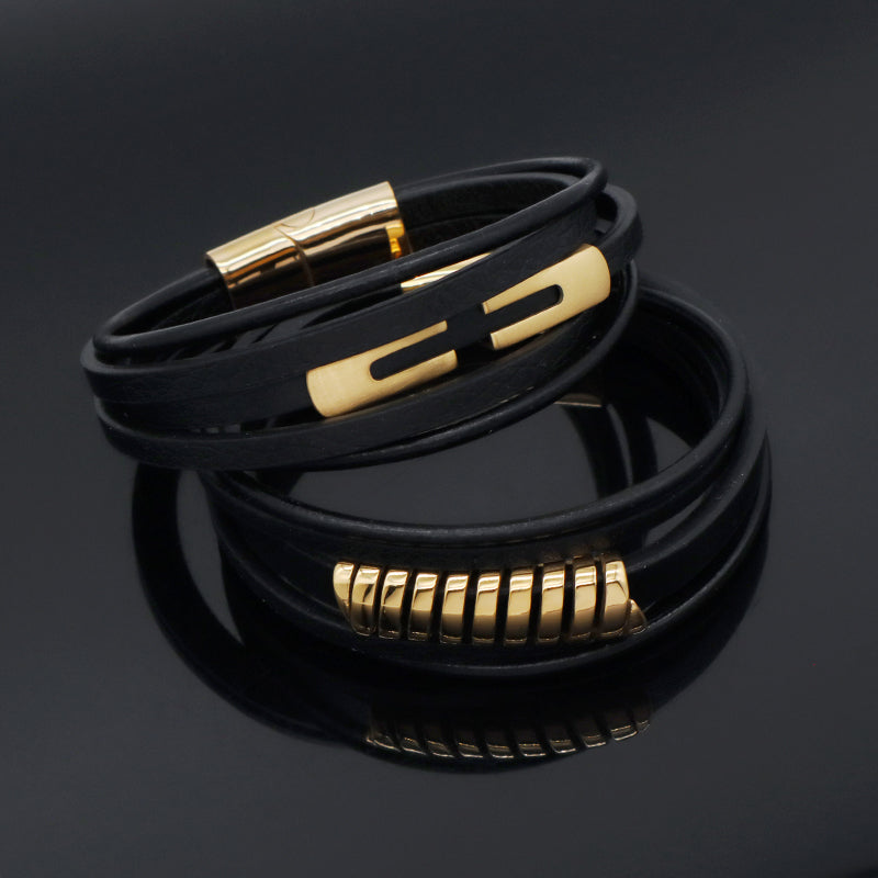 New Arrival Custom Men Leather Accessory Hand Jewelry MultiLayer Black Woven Gold Plated Stainless Steel Mens Leather Bracelet