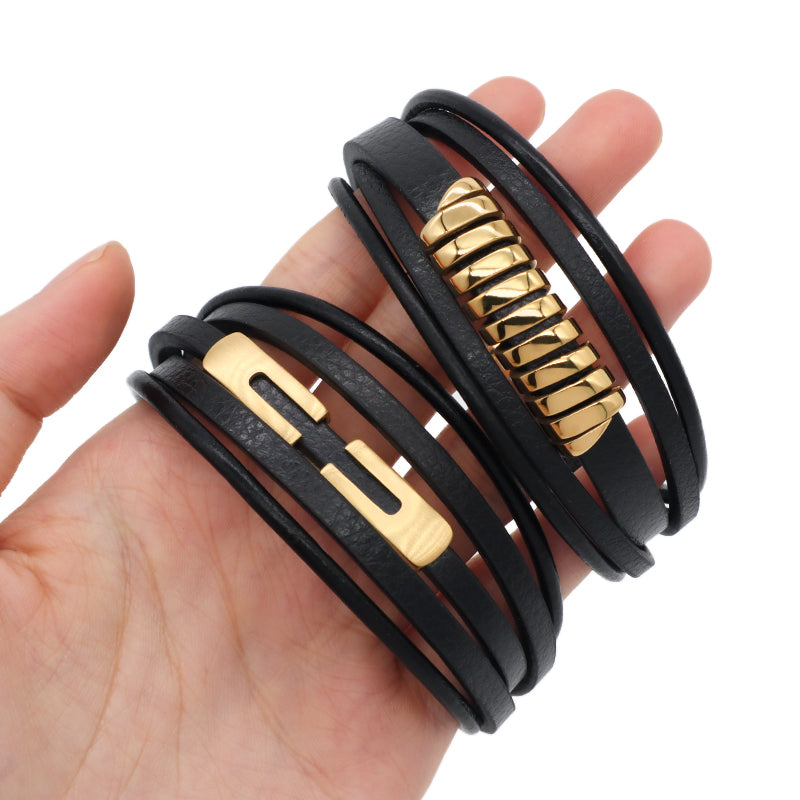 New Arrival Custom Men Leather Accessory Hand Jewelry MultiLayer Black Woven Gold Plated Stainless Steel Mens Leather Bracelet