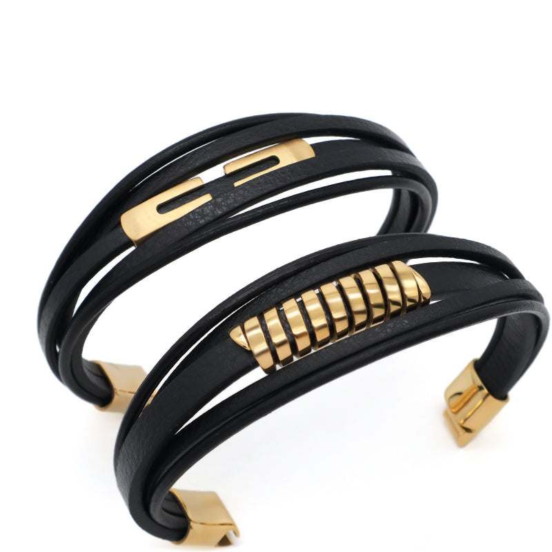 New Arrival Custom Men Leather Accessory Hand Jewelry MultiLayer Black Woven Gold Plated Stainless Steel Mens Leather Bracelet