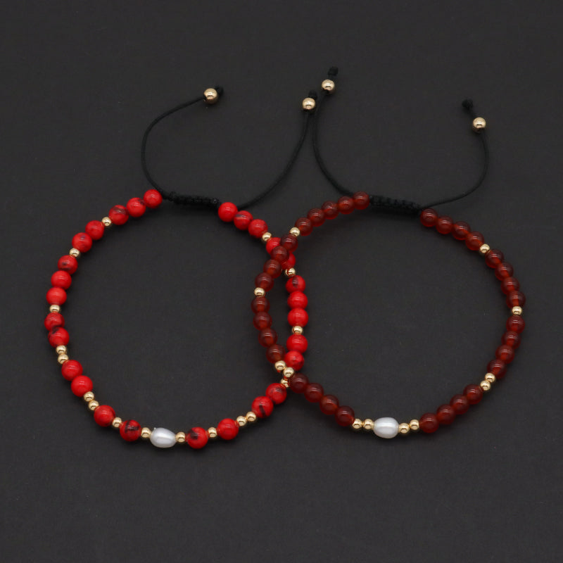 4mm Gemstone Natural Stone Bead Friendship Wholesale Women Customized Handmade Freshwater Pearl Woven Ajustable Macrame Bracelet