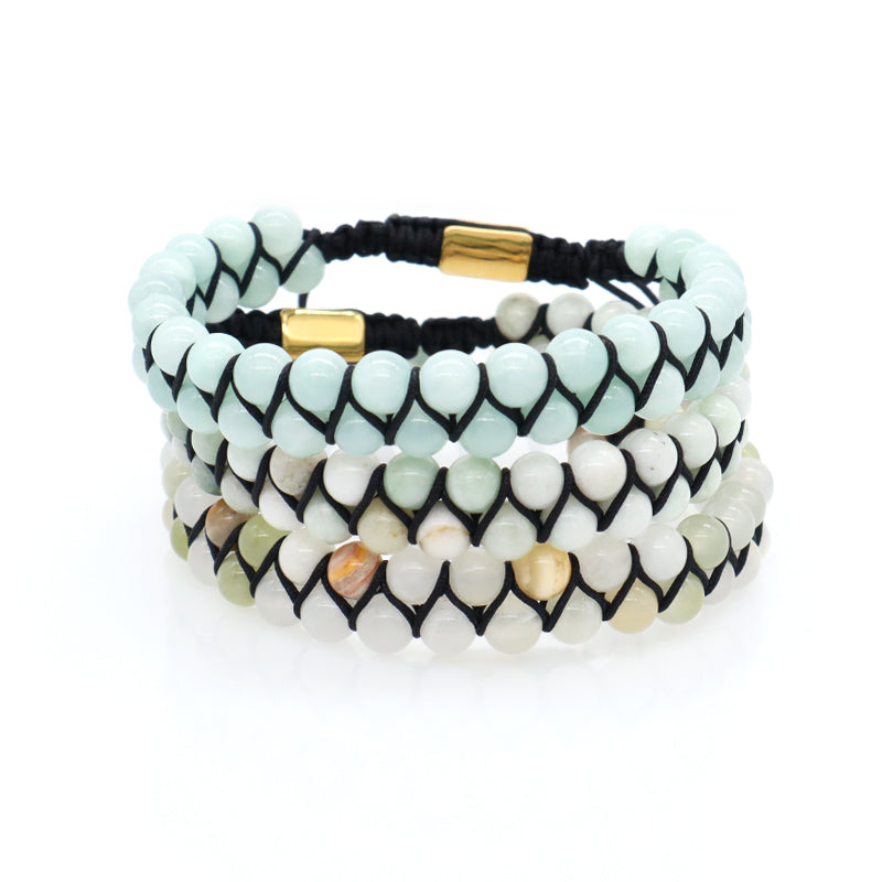 Custom Boho Handmade Women Ajustable Wholesale 6mm Gemstone Macrame Knots Woven Stainless Steel Natural Healing Stone Bracelet