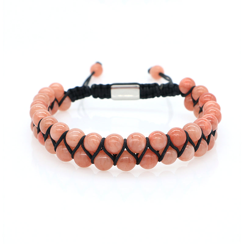 Best Selling Double Layer 6mm Natural Stone Beaded Gemstone Ajustable Woven Stainless Steel Macrame Knots Handmade Yoga Bracelet