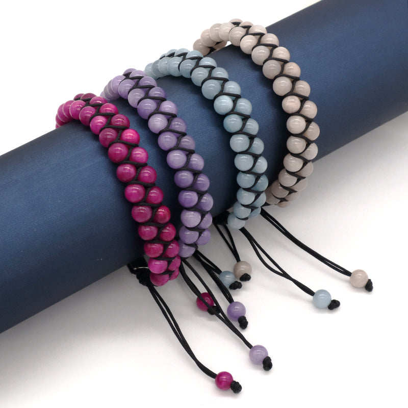 Handmade Yoga Inspiratioual 6mm Natural Stone Bead Gemstone Ajustable Stainless Steel Macrame Knots Handmade Yoga Bracelet