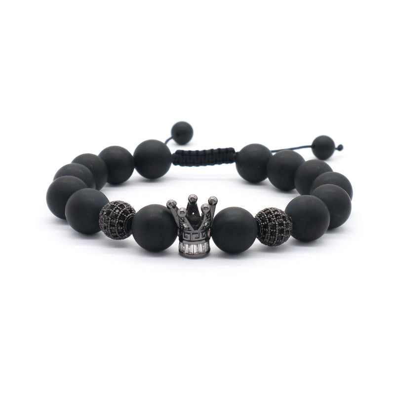 Wholesale Custom Yoga Inspiratioual Gemstone Ajustable Handmade 12mm Natural Stone Beaded CZ Crown Charm Macrame Knots Bracelet