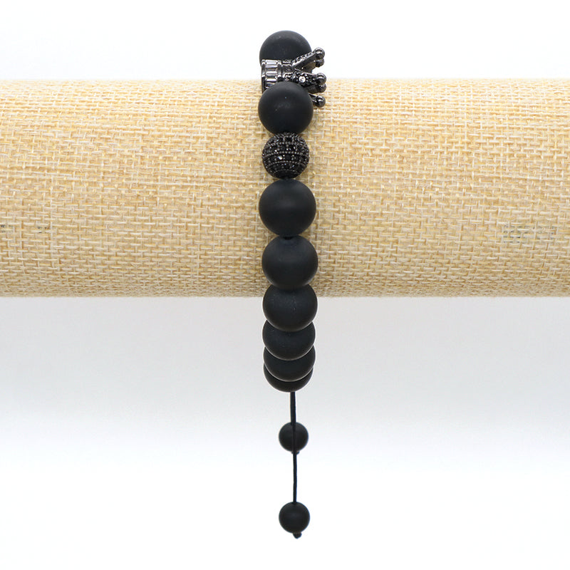 Wholesale Custom Yoga Inspiratioual Gemstone Ajustable Handmade 12mm Natural Stone Beaded CZ Crown Charm Macrame Knots Bracelet