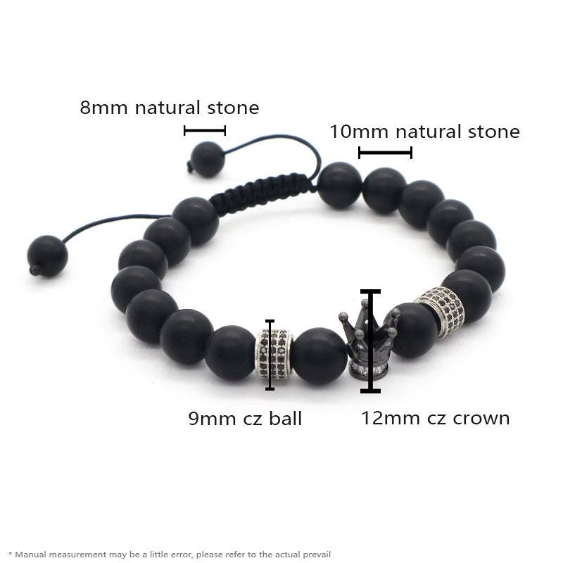 Custom Wholesale Women Men Yoga Ajustable Handmade CZ Crown Charm Macrame Knots 10mm Natural Stone Beaded Friendship Bracelet