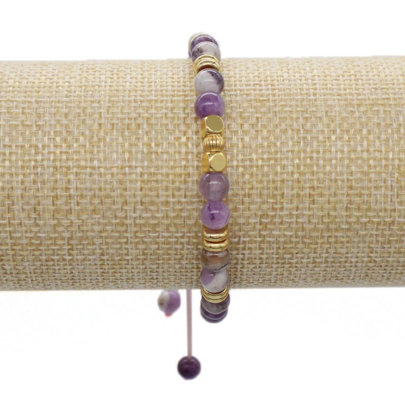 Handmade Custom Women Gift Gold Plated Brass Charm 4mm Purple Gemstone Natural Stone Beads Ajustable Woven Cord Macrame Bracelet