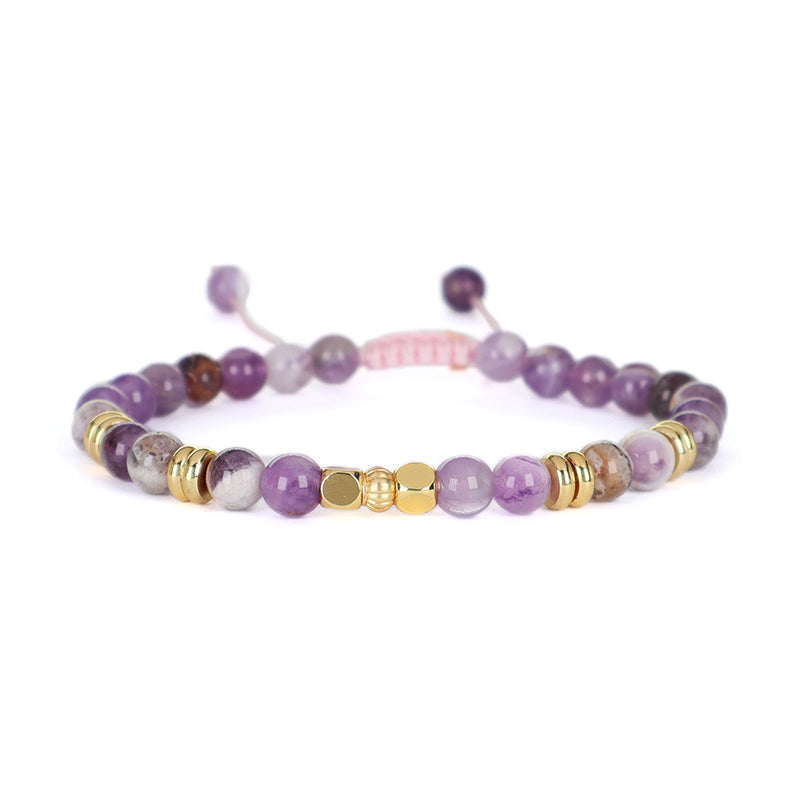 Handmade Custom Women Gift Gold Plated Brass Charm 4mm Purple Gemstone Natural Stone Beads Ajustable Woven Cord Macrame Bracelet