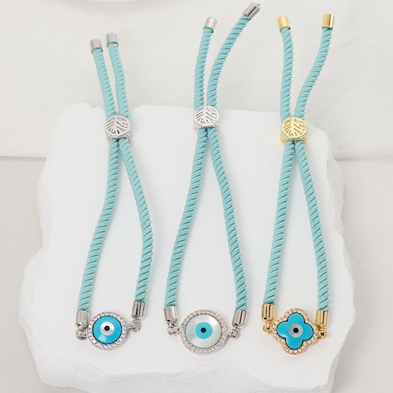 Wholesale Custom Handmade Gift OEM Blue Eyes Charm Jewelry Women Ajustable Rope CZ Gold Plated Enamel Shell Evil eyes Bracelet