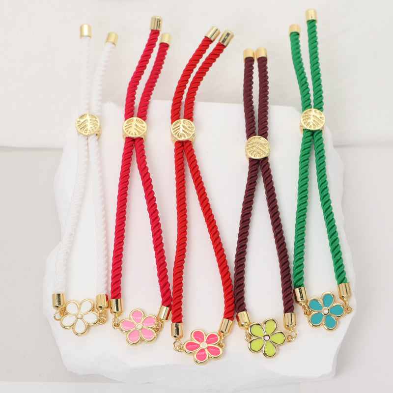 Fashion Jewelry Wholesale Custom Handmade OEM Ajustable Rope CZ Gold Plated Colorful Enamel Flower Bracelet for Women Gift