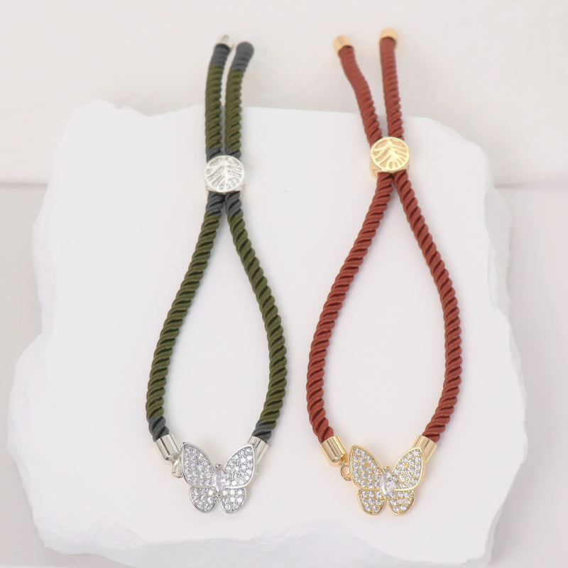 Handmade Wholesale Customized Women Gift OEM Factory Butterfly Charm Jewelry Ajustable Rope CZ Gold Plated Butterfly Bracelet