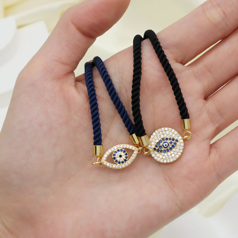 Wholesale Custom Women Gift OEM Handmade CZ Blue Devil Eyes Charm Jewelry Gold Plated Ajustable Rope Turkish Evil Eyes Bracelet