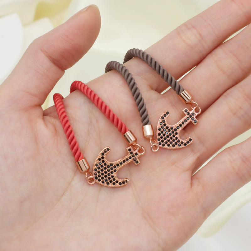 Wholesale Trendy Women Custom Factory Gift OEM Anchor Jewelry Handmade Ajustable Rope Rose Gold Plated CZ Anchor Charm Bracelet
