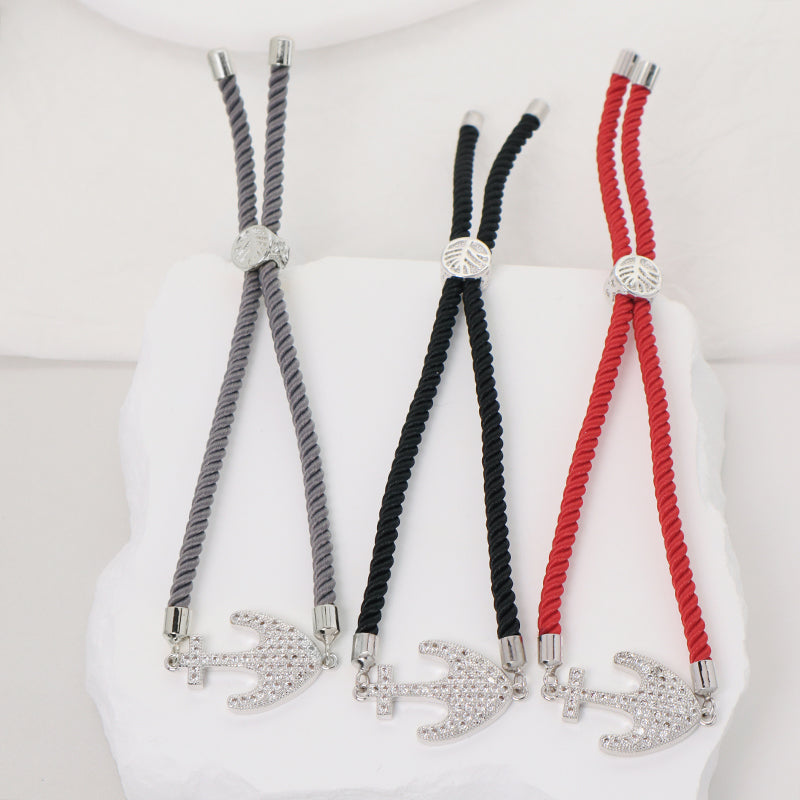 Anchor Charm Women Gift Jewelry Wholesale Customized Factory OEM Handmade Friendship Ajustable Rope Rhodium CZ Anchor Bracelet
