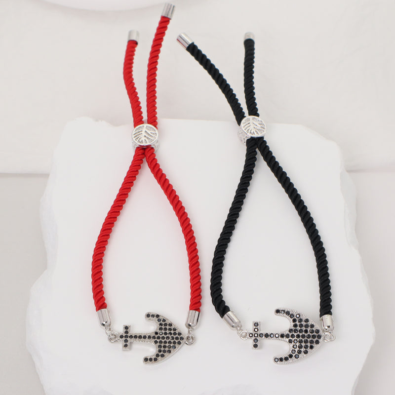 Handmade Friendship Wholesale Custom Factory OEM Fashion Jewelry Ajustable Rope Rhodium CZ Anchor Charm Bracelet For Women Gift