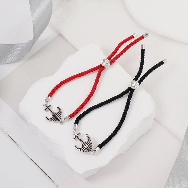 Handmade Friendship Wholesale Custom Factory OEM Fashion Jewelry Ajustable Rope Rhodium CZ Anchor Charm Bracelet For Women Gift
