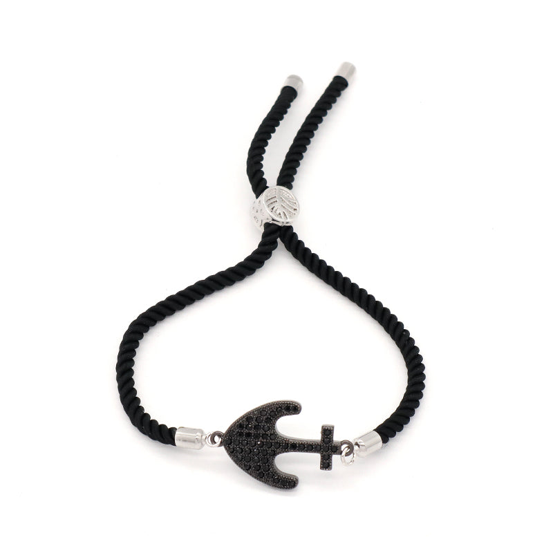Temperament Friendship Wholesale Handmade Customized OEM CZ Ajustable Rope Rhodium Anchor Charm Bracelet For Women Gift Jewelry