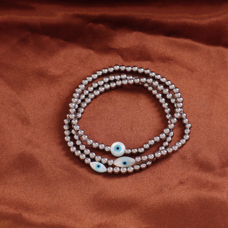 Trendy Women Manufacture Factory OEM Wholesale Custom Handmade Turkish Evil Eyes Shell Charm Stainless Steel Beads Bracelet