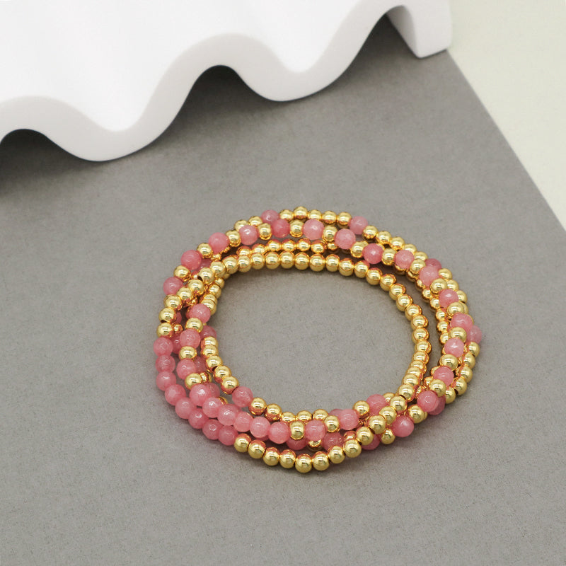 Friendship OEM Customized Fashion Pink Ladies Gold Plated 4mm Beaded Handmade Elastic Faceted Natural Stone Beaded Bracelet