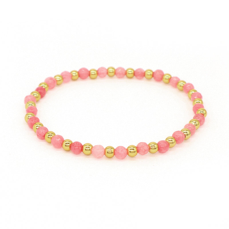 Friendship OEM Customized Fashion Pink Ladies Gold Plated 4mm Beaded Handmade Elastic Faceted Natural Stone Beaded Bracelet
