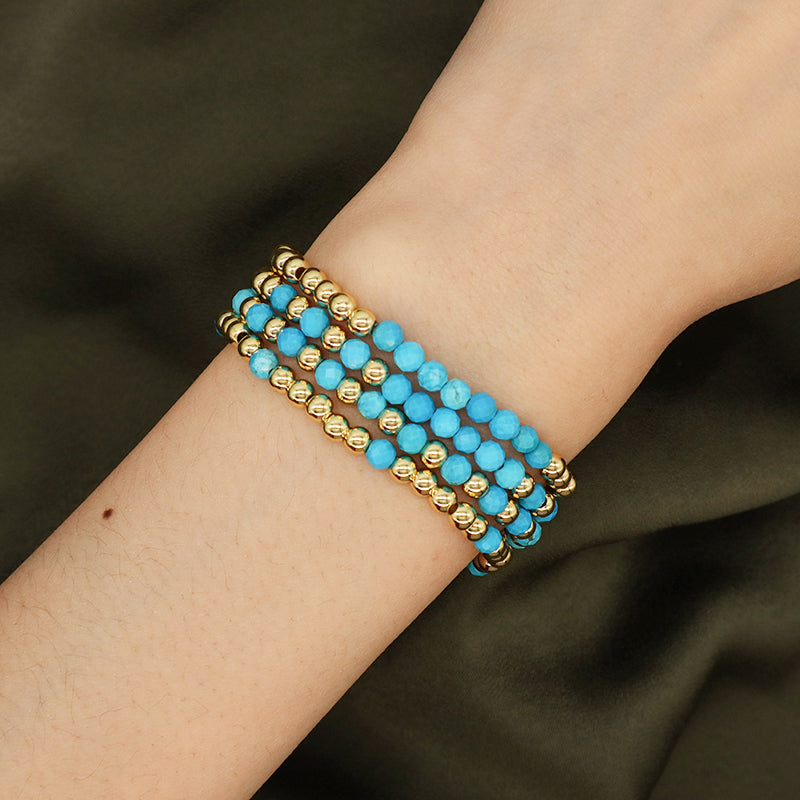 New Bulk Sale Custom Fashion 4mm Gold Plated Beaded Blue Handmade Elastic Gemstone Natural Stone Beads Bracelet For Women Gift