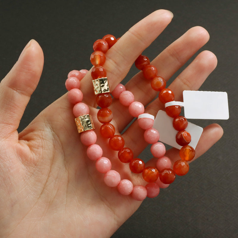 New Bulk Sale Custom Handmade OEM Yoga Healing Gold Plated Brass Charm 8mm Elastic Pink Natural Stone Beaded Bracelet For Women