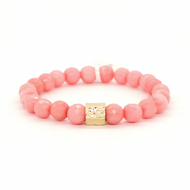 New Bulk Sale Custom Handmade OEM Yoga Healing Gold Plated Brass Charm 8mm Elastic Pink Natural Stone Beaded Bracelet For Women
