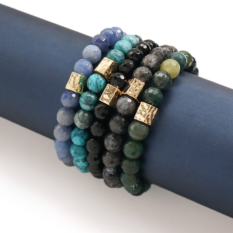 Healing Yoga OEM Custom Handmade Women Jewelry Elastic Gold Plated Brass Charm 8mm Blue Green Black Beads Natural Stone Bracelet