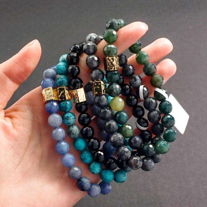 Healing Yoga OEM Custom Handmade Women Jewelry Elastic Gold Plated Brass Charm 8mm Blue Green Black Beads Natural Stone Bracelet