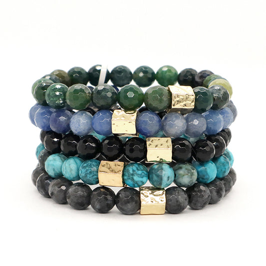 Healing Yoga OEM Custom Handmade Women Jewelry Elastic Gold Plated Brass Charm 8mm Blue Green Black Beads Natural Stone Bracelet