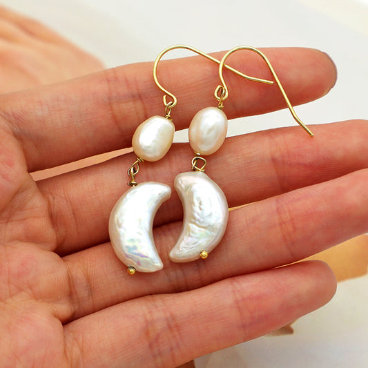 8-9mm round 17mm moon natural freshwater pearl with gold plated sterling 925 silver earring