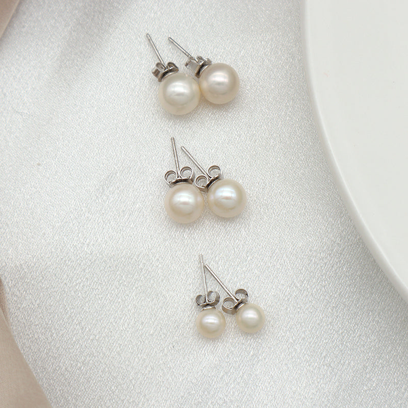 18K Gold Plated 925 Sterling Silver Earring Stud Round White Freshwater Cultured Pearl Earrings