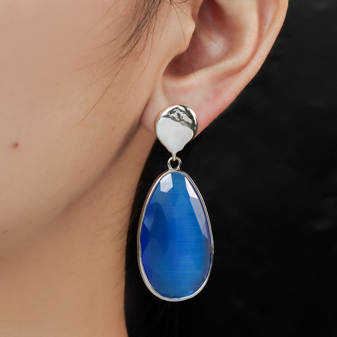 Custom Women Gift Jewelry Wholesale Factory Blue Orange Teardrop Natural Stone Earring Stud Rhodium Plated Cat's Eye Earrings