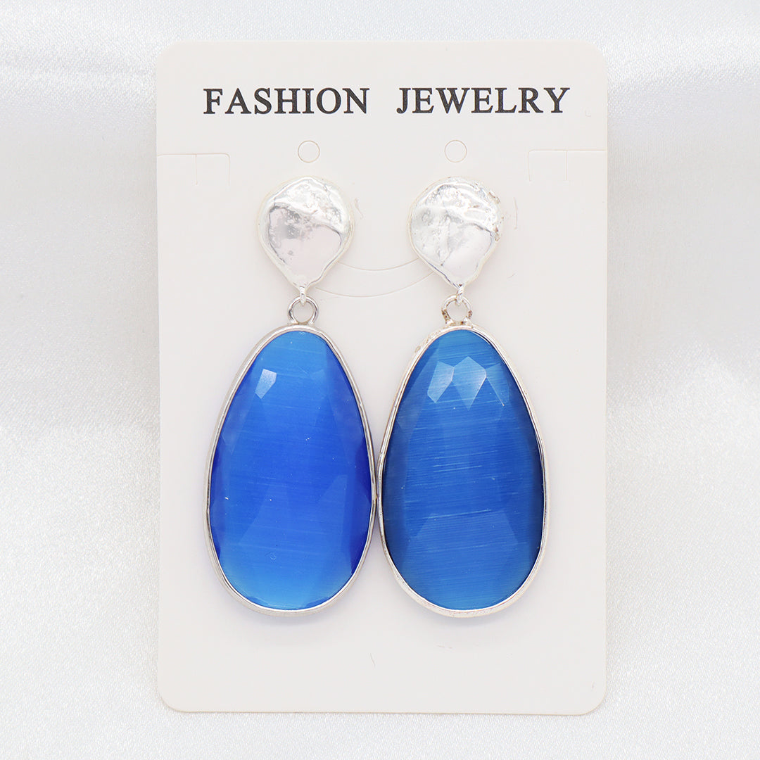 Custom Women Gift Jewelry Wholesale Factory Blue Orange Teardrop Natural Stone Earring Stud Rhodium Plated Cat's Eye Earrings