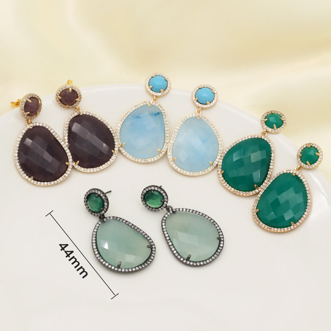 Various Wholesale Custom Teardrop Blue Purple Red Green Jade Earring Stud CZ Gold Plated Natural Stone Earrings For Women Gift