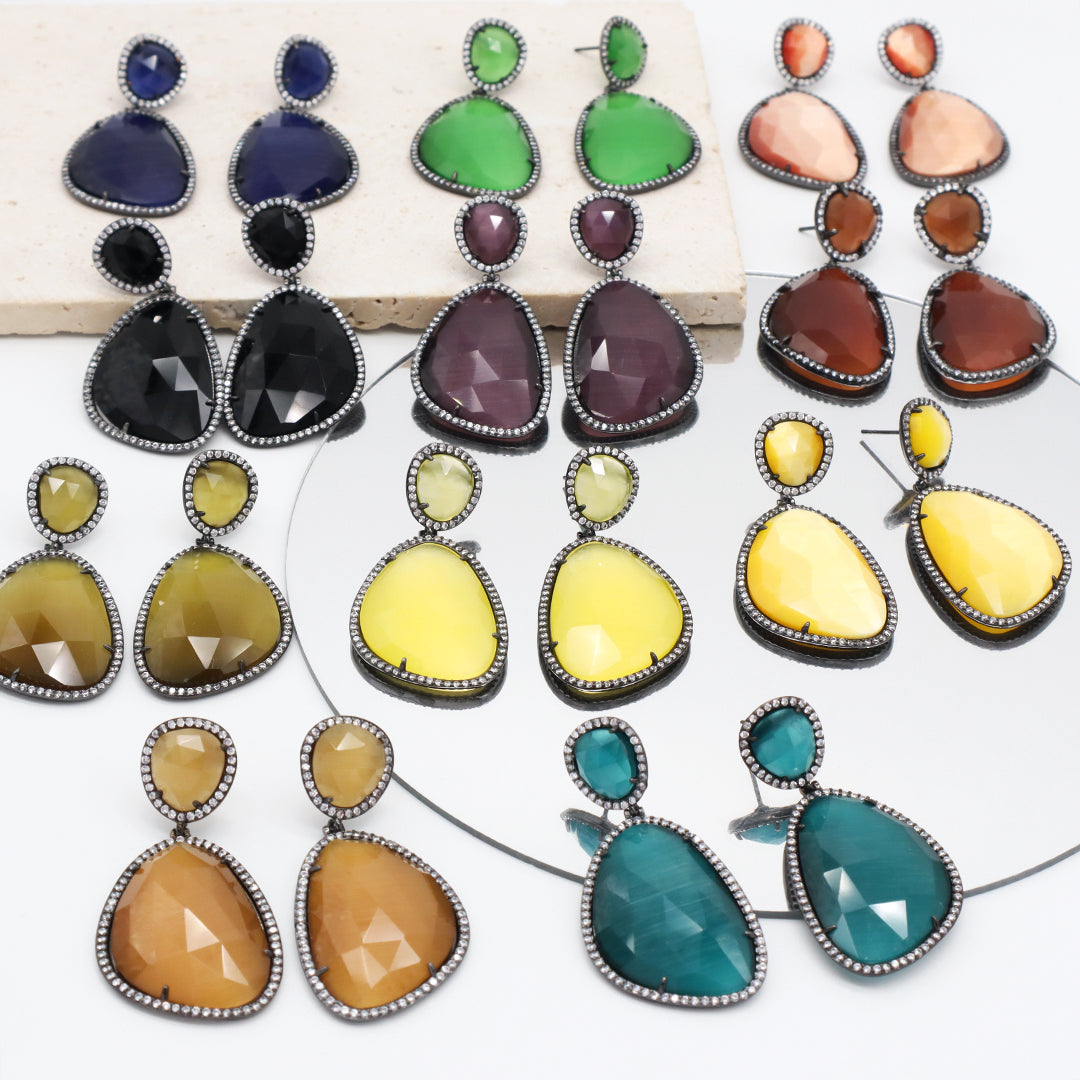 Newest Women Jewelry Various Color Custom Gift Factory CZ Drop Earrings Dangle Stud Earrings Gold Plated Natural Stone Earrings