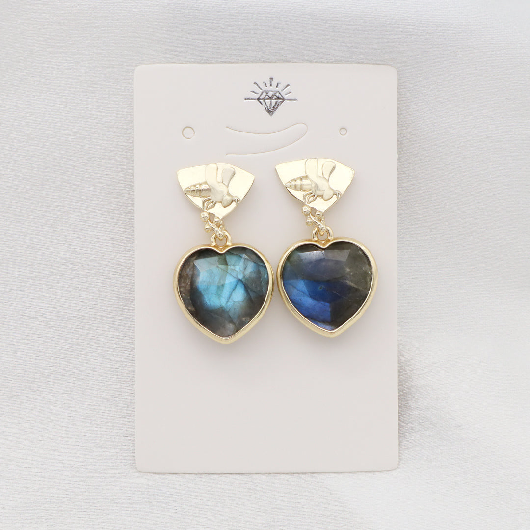 Wholesale Manufacture Women Custom Factory Various Color Gold Plated Bee Earring Stud heart shape Natural Stone Earring for Gift