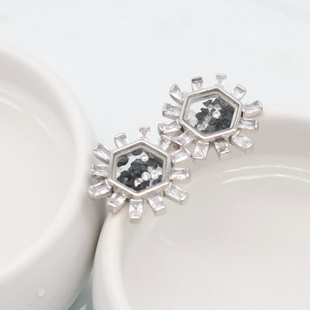 Good Quality New Fashion Manufacture Wholesale China Factory Custom Hexagon Glass Mirror CZ Rhodium Plated 925 Sterling Silver Stud Earring For Women Gift