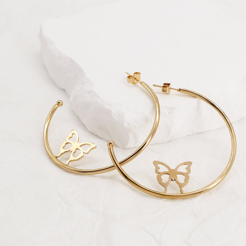 Wholesale Custom Fashion Gold Filled Butterfly Earrings Jewelry Gold Plated Stainless Steel Butterfly Hoops Earrings For Women