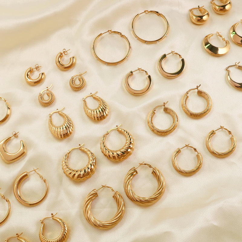 Simple Fashion Design Custom Huggies Earring Hoop Women Jewelry Gold Plated Stainless Steel Chunky Hollowed Large Hoops Earrings