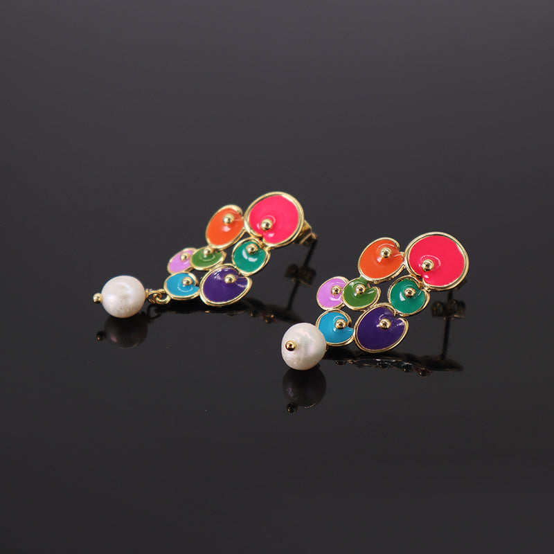 Manufacture Factory Custom Wholesale Trendy Women Stud Earrings Jewelry Gold Plated Colorful Enamel Pearl Earrings Stud For Gift