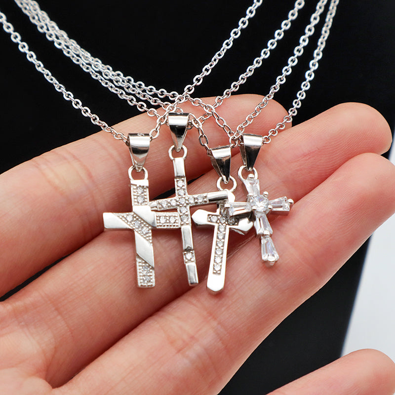European style 925 sterling silver CZ diamond christian catholic cross pendant chain jewelry necklace