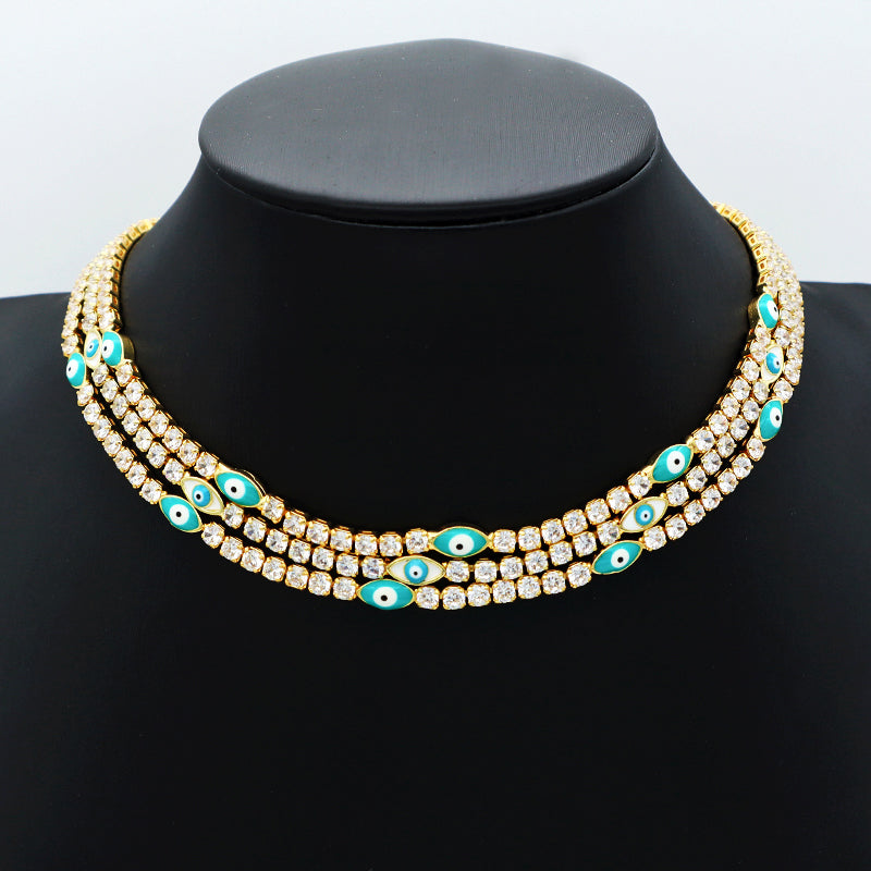 2021 New Design Micro Paved CZ Lucky Turkish Lady Party Gold Plated Shaped Oval Blue Evil Eyes chocker Necklace