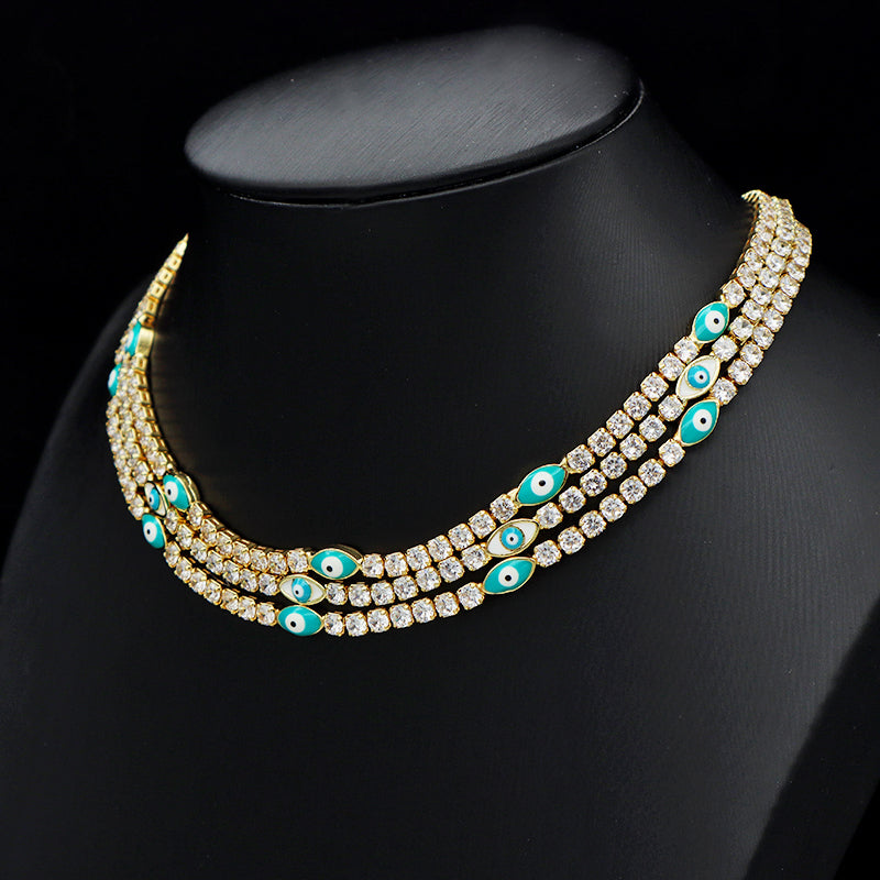 2021 New Design Micro Paved CZ Lucky Turkish Lady Party Gold Plated Shaped Oval Blue Evil Eyes chocker Necklace